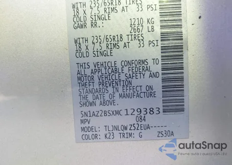 2021 Nissan Murano Sv Intelligent Awd z USA, uszkodzony, nr VIN 5N1AZ2BSXMC129383